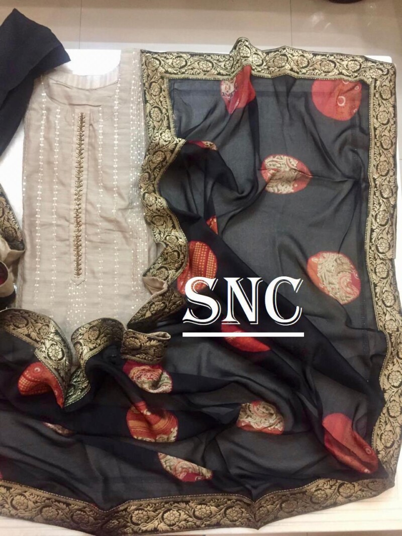 Upada silk semi stitched beige n black image 2